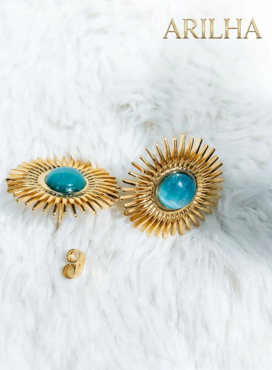 Golden Sunburst Earrings | Gold Stainless Steel Studs detail view 2