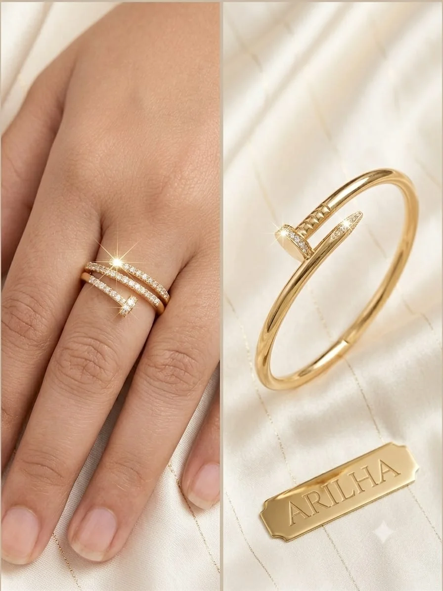 Gold-Plated Nail Jewellery Set | Bracelet & Rings | ARILHA detail view 2
