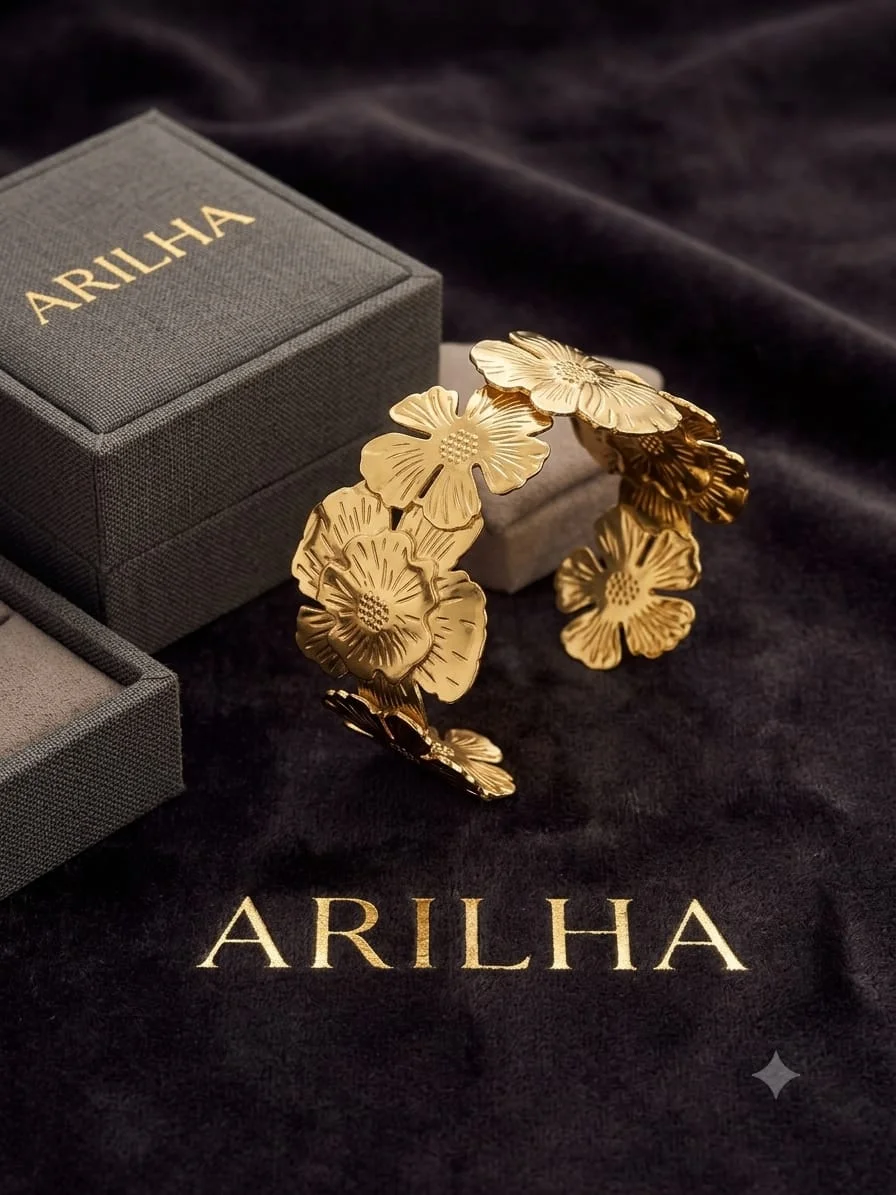 Floral Gold-Plated Cuff Bracelet | ARILHA Jewellery detail view 2