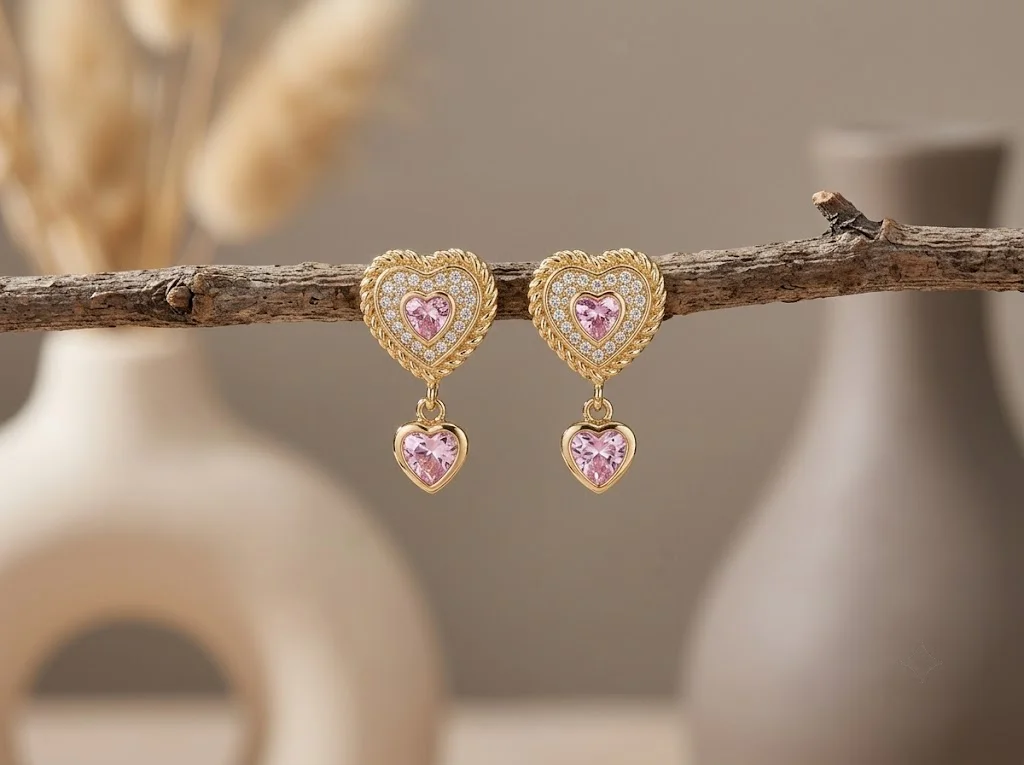 Gold-Plated Pink Heart Crystal Drop Earrings for Women | ARILHA detail view 2