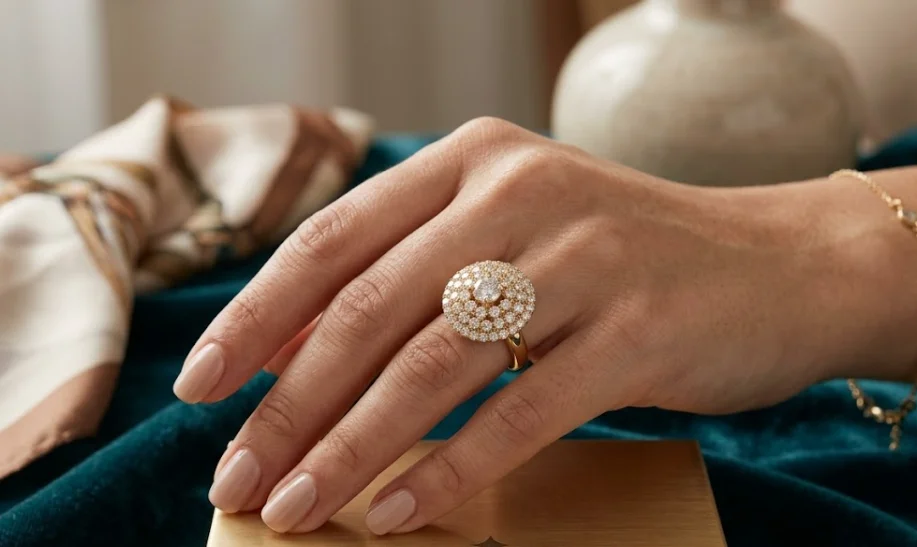Elegant Diamond Halo Ring | Gold Ring for Women | ARILHA detail view 2